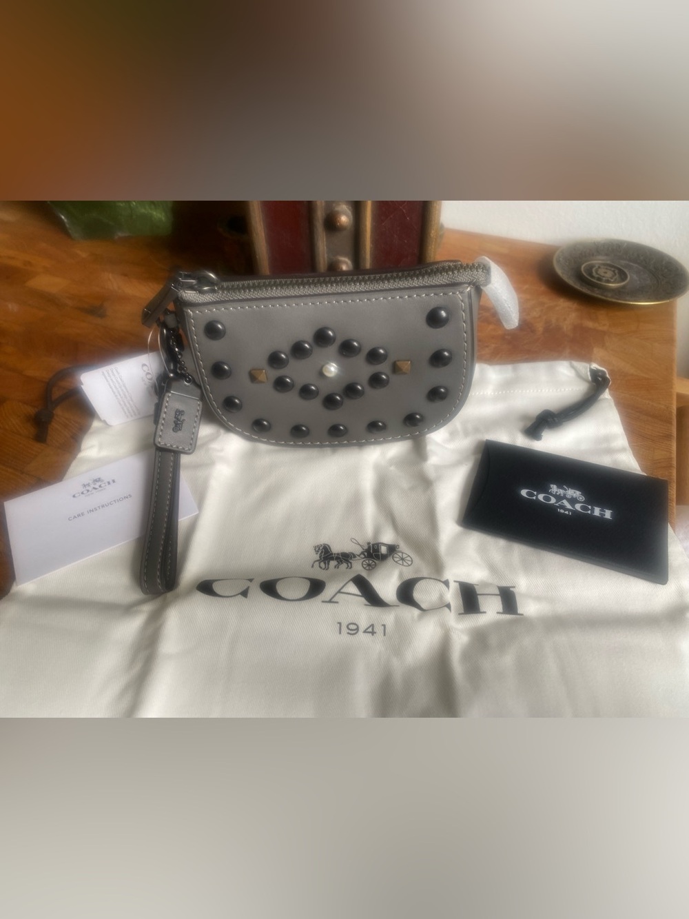 Coach Rivets Pouch Heather Gray Leather Studded Zip Pouch with Wrist Strap NWT